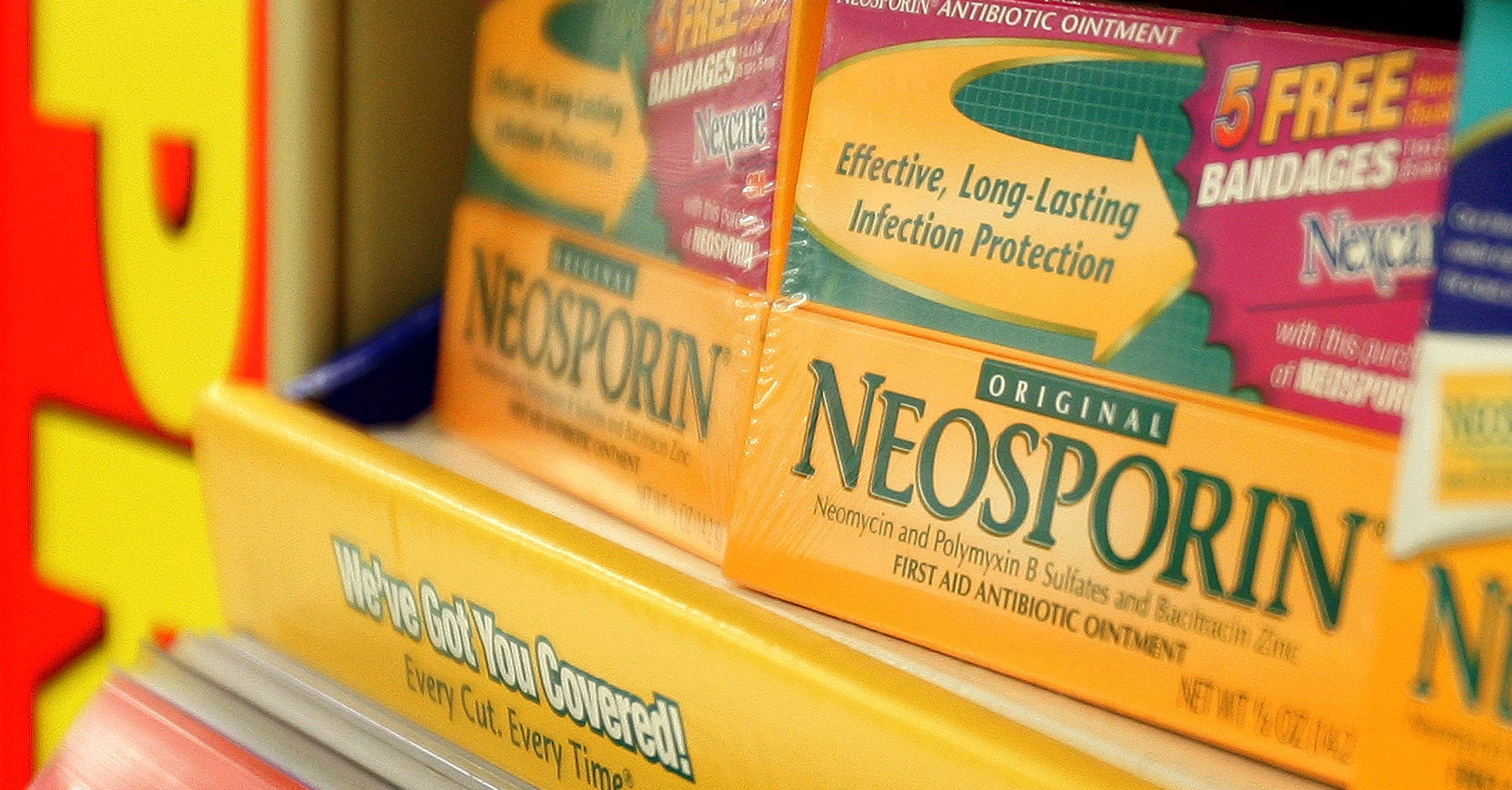 CHICAGO - JUNE 26: Pfizer's Neosporin is displayed on a shelf at a Walgreens store June 26, 2006 in Chicago, Illinois. Johnson &amp; Johnson is buying Pfizer Inc.'s consumer healthcare division, which includes Listerine, Sudafed, and Visine, for $16.6 billion. (Photo by Tim Boyle/Getty Images)