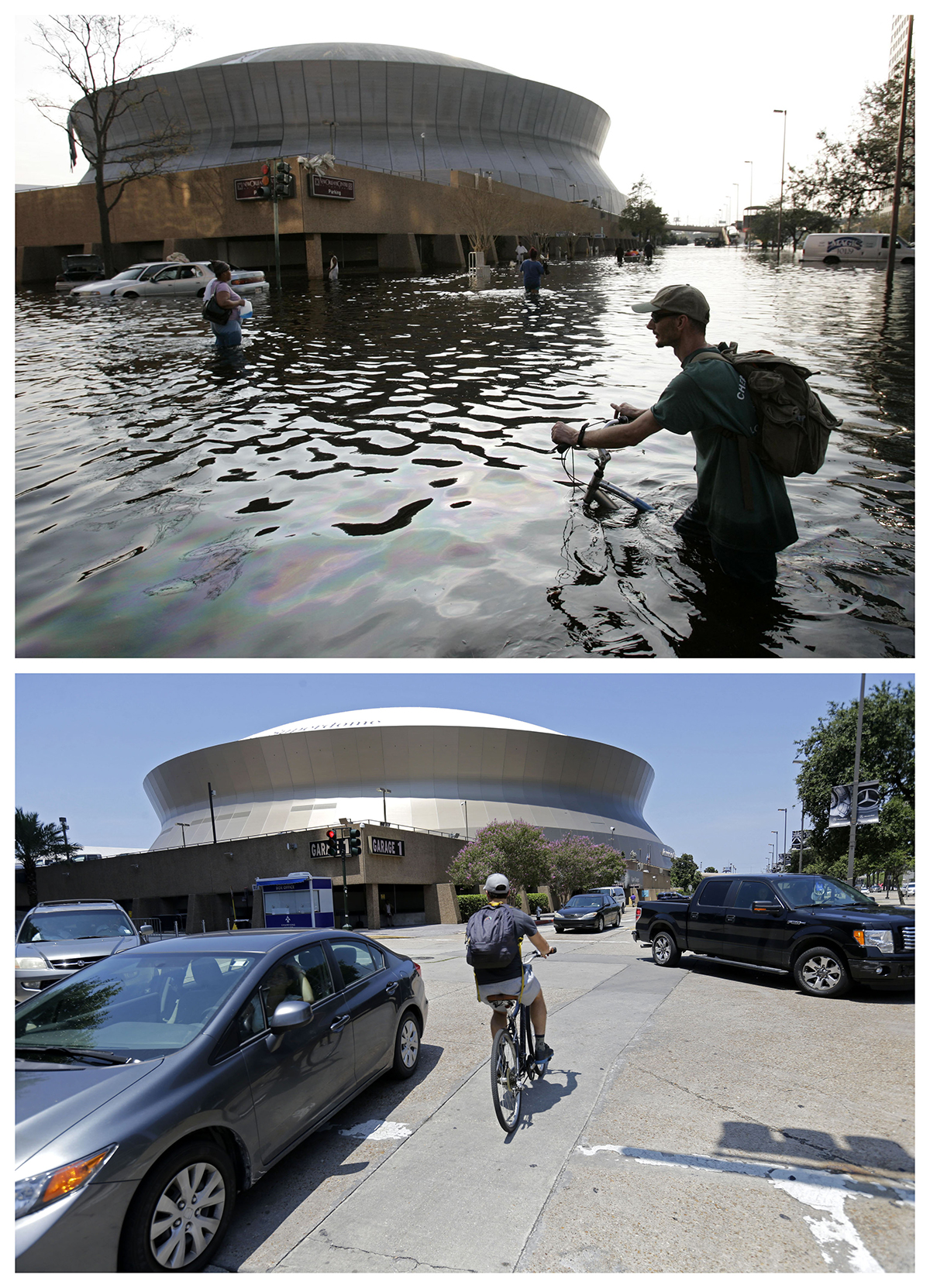 This combination of Aug, 31, 2005, and July 31, 2015, photos shows a man pushing his bicycle through flood waters near the Superdome in New Orleans after Hurricane Katrina left much of the city under water, and a cyclist outside the renamed Mercedes-Benz Superdome a decade later. (Eric Gay, Gerald Herbert / Associated Press)