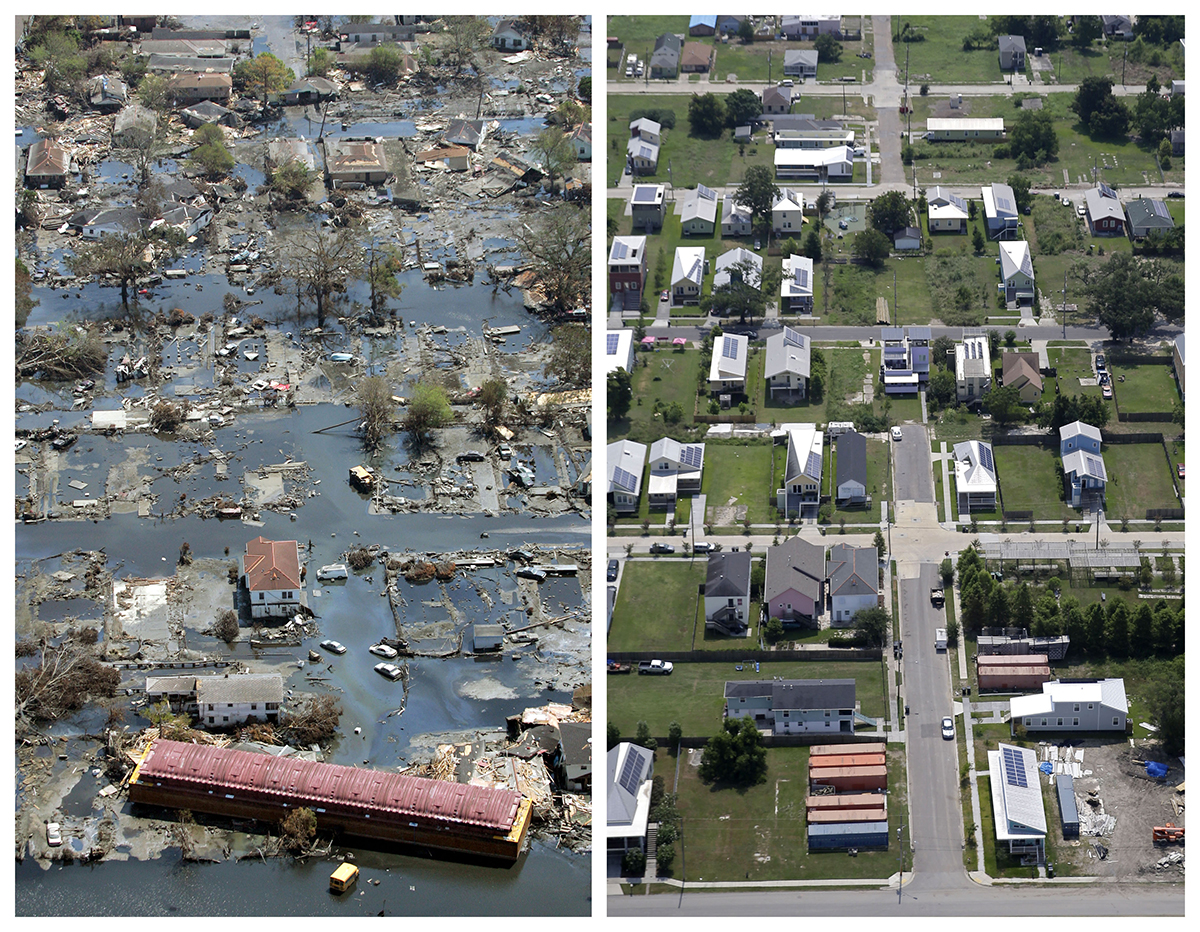 This combination of Sept. 11, 2005, and July 29, 2015, aerial photos show the Lower Ninth Ward of New Orleans flooded by Hurricane Katrina and the same area a decade later. Before Katrina, the Lower Ninth Ward was a working-class and predominantly African-American neighborhood just outside the city's historic center. (David J. Phillip, Gerald Herbert / Associated Press)