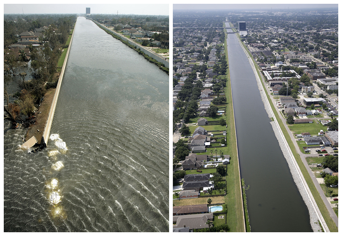This combination of Sept. 3, 2005, and July 29, 2015, aerial photos show the 17th Street Canal flood wall breach and the Lakeview section of New Orleans. Katrina's powerful winds and driving rain bore down on Louisiana on Aug. 29, 2005. The storm caused major damage to the Gulf Coast from Texas to central Florida while powering a storm surge that breached the system of levees that were built to protect New Orleans from flooding. (Haraz N. Ghanbari, Gerald Herbert / Associated Press)