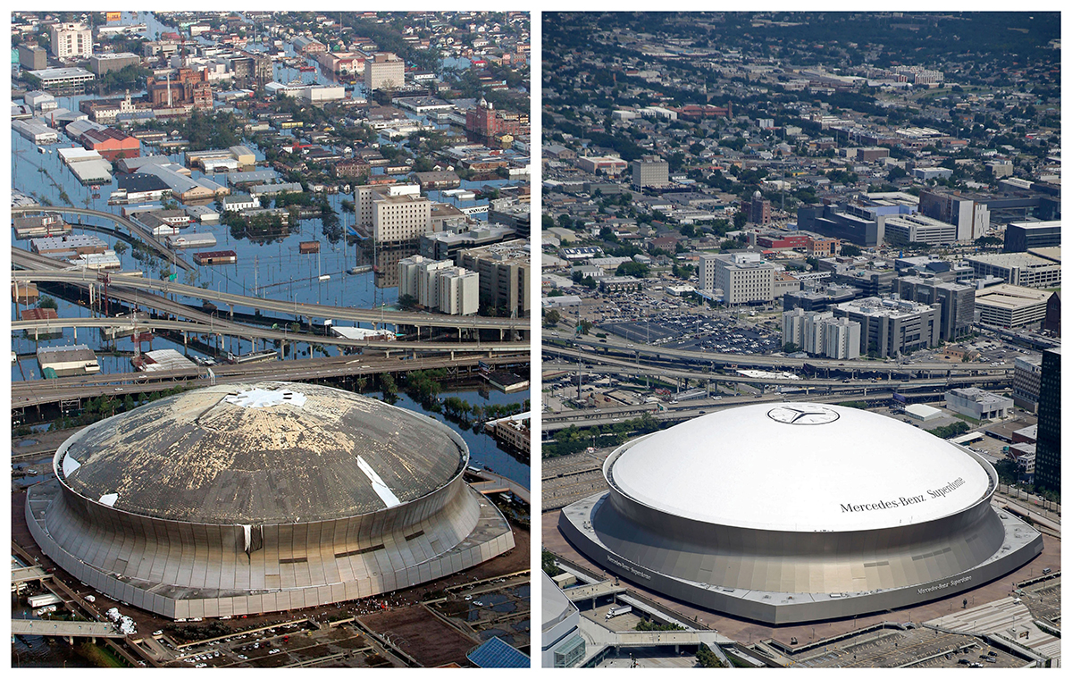 This combination of Aug. 30, 2005, and July 29, 2015, aerial photos shows downtown New Orleans and the Superdome. Katrina's powerful winds and driving rain bore down on Louisiana on Aug. 29, 2005. The storm caused major damage to the Gulf Coast from Texas to central Florida while powering a storm surge that breached the system of levees that were built to protect New Orleans from flooding. (David J. Phillip, Gerald Herbert / Associated Press)