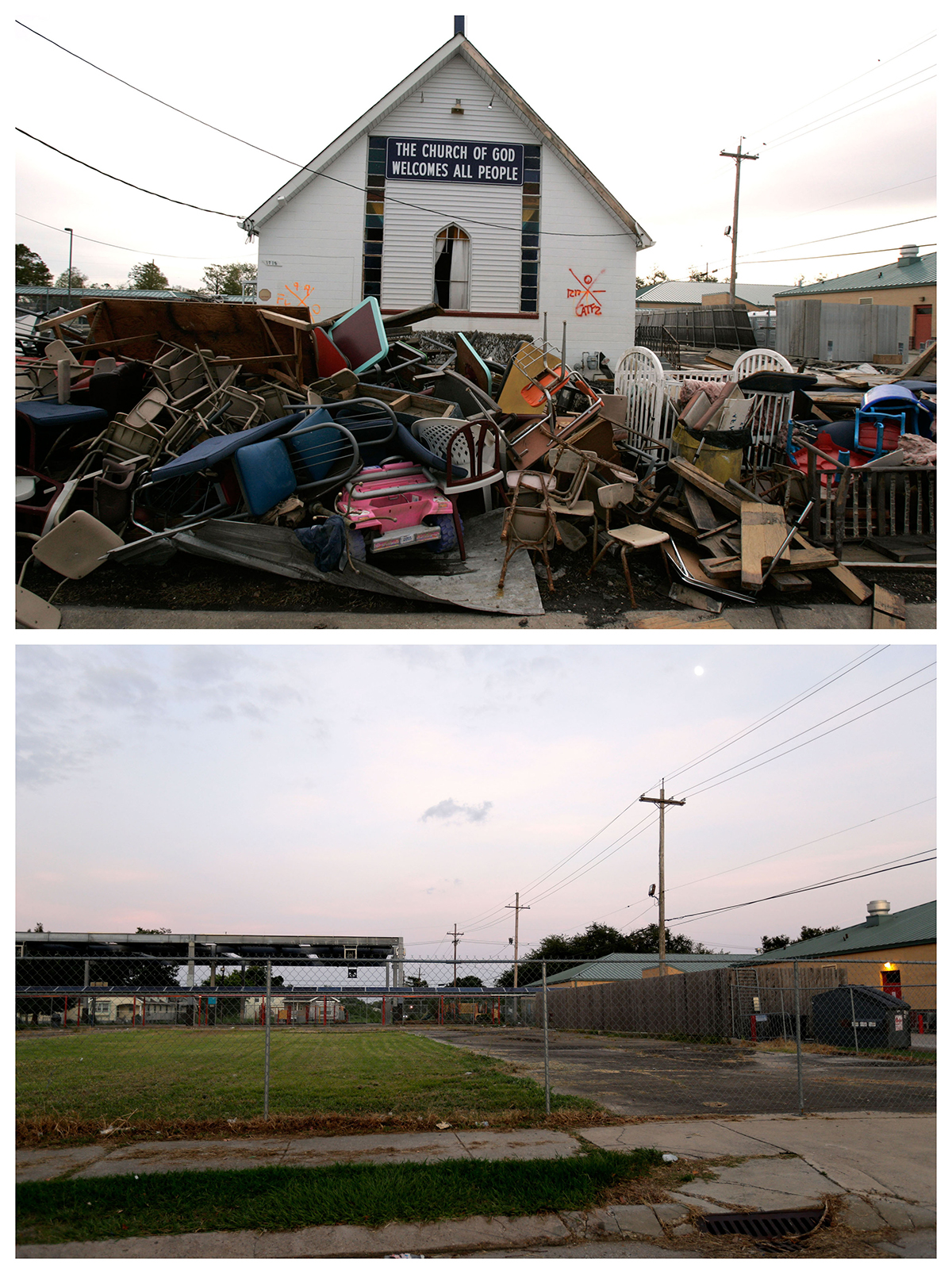 This combination of Dec. 16, 2005, and July 28, 2015, photos shows debris in front of the Church of God damaged by Hurricane Katrina in the Lower Ninth Ward neighborhood of New Orleans, and a decade later, an empty lot where it once stood. Before Katrina, the Lower Ninth Ward was a working-class and predominantly African-American neighborhood just outside the city's historic center. (Jacqueline Larma, Gerald Herbert / Associated Press)