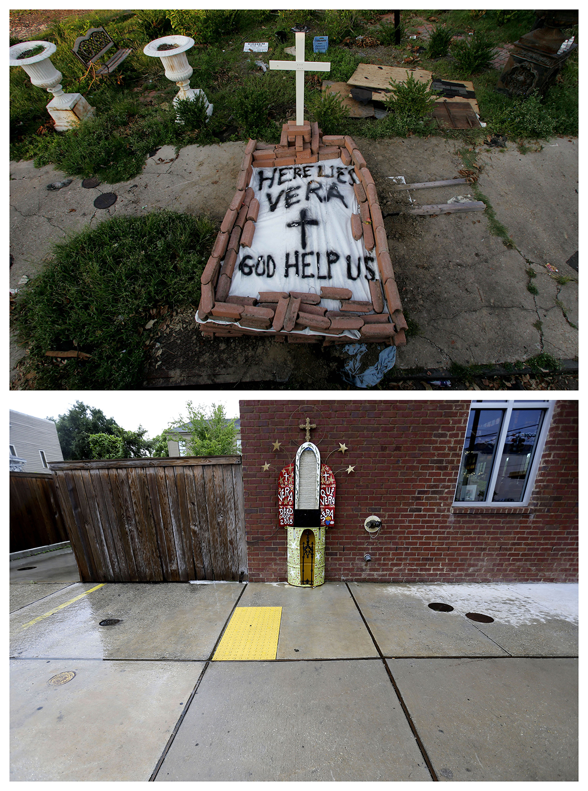 This combination of Sept. 4, 2005, and July 30, 2015, photos show a makeshift tomb at a New Orleans street corner, concealing a body that had been lying on the sidewalk for days in the wake of Hurricane Katrina, and the same site a decade later with an artist's memorial to the woman known as Vera. Nearly 2,000 people died because of the storm, mostly in New Orleans, 80 percent of which was flooded for weeks. One million people were displaced. (Dave Martin, Gerald Herbert / Associated Press)