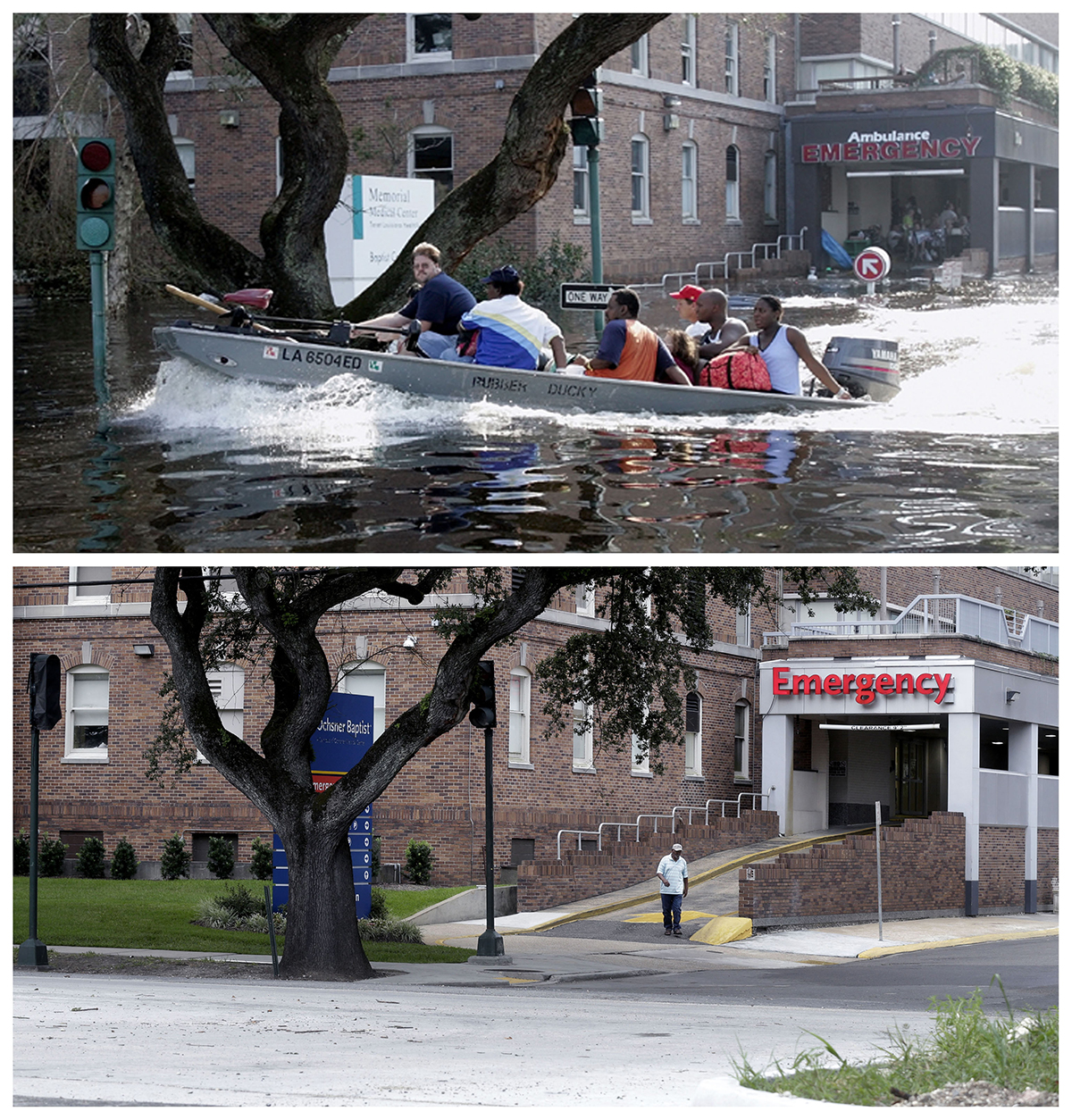 In this combination of Wednesday, Aug. 31, 2005, and Thursday, July 30, 2015, photos, patients and staff of the Memorial Medical Center in New Orleans are evacuated by boat after flood waters surrounded the facility, and a decade later, the renamed Ochsner Baptist Hospital. (Bill Haber, Gerald Herbert / Associated Press)