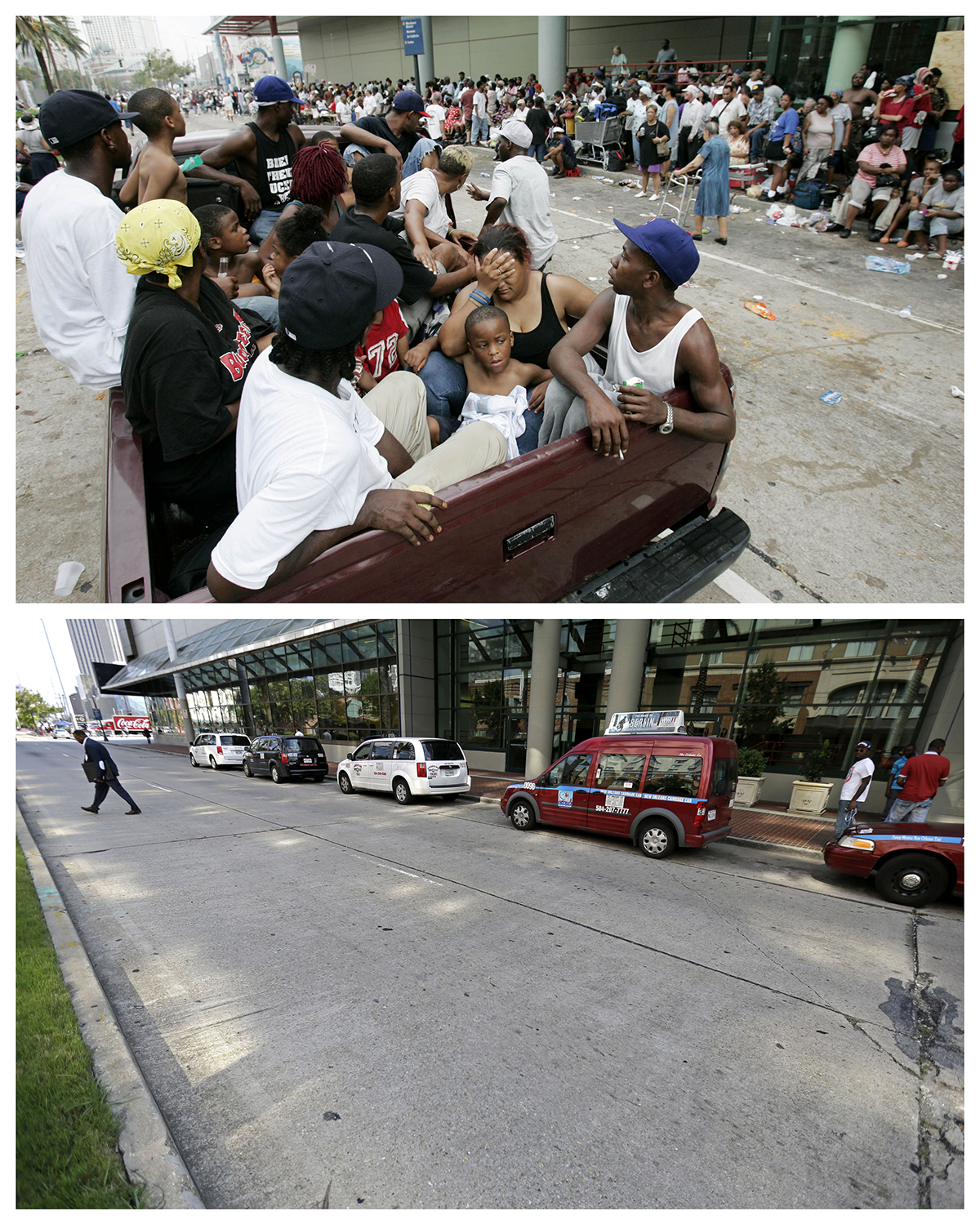 This combination of Sept. 1, 2005, and Aug. 14, 2015, photos shows flood victims in a pickup truck as hundreds of others wait for evacuation at the Ernest N. Morial Convention Center in New Orleans in the aftermath of Hurricane Katrina, and the same site a decade later. (Eric Gay, Gerald Herbert / Associated Press)