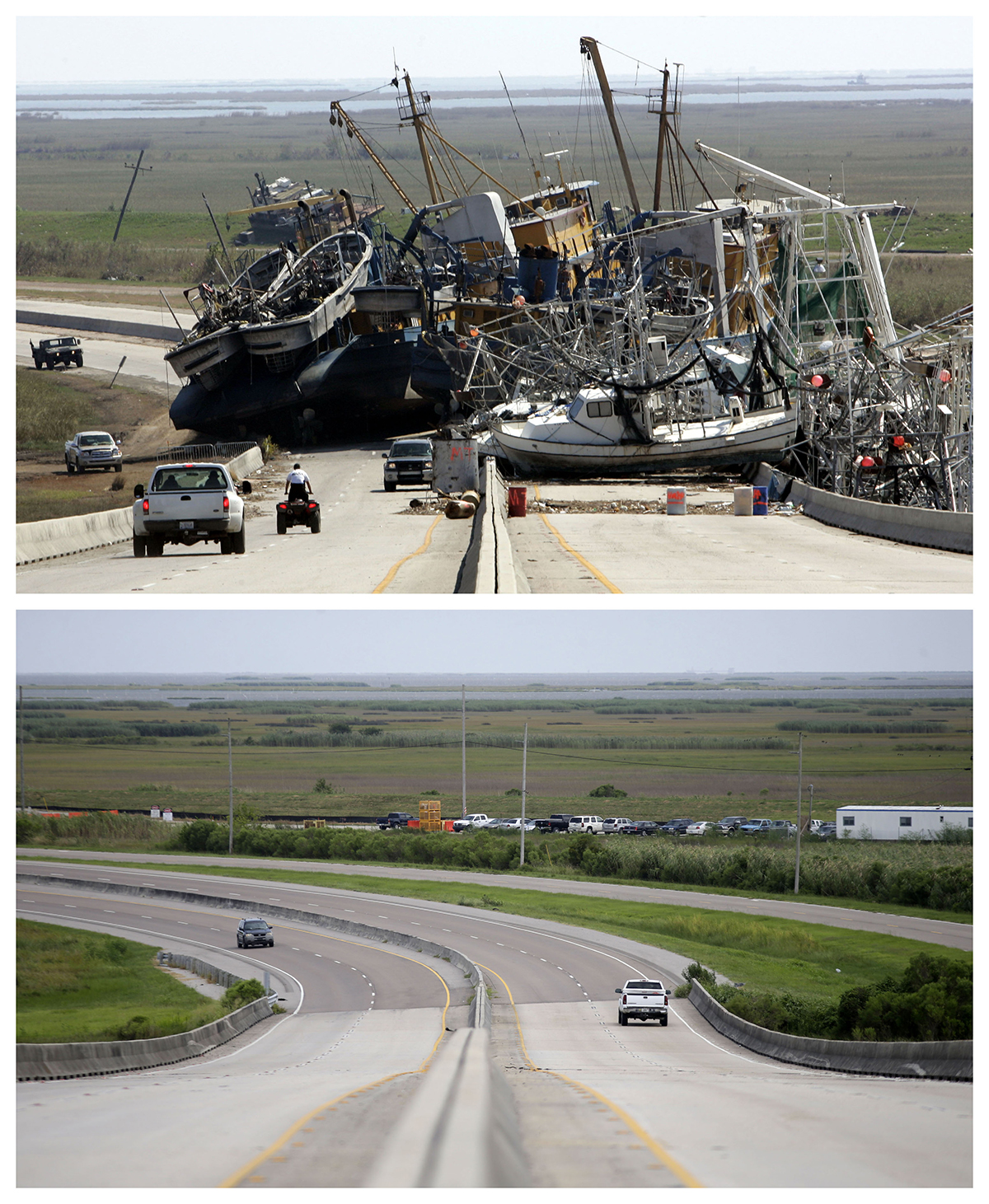 This combination of Oct. 10, 2005, and Aug. 4, 2015, photos shows a tangle of fishing boats blocking the lanes of Highway 23 in Empire, Louisiana, after Hurricane Katrina ravaged the region, and the same site a decade later. (Don Ryan, Gerald Herbert / Associated Press)