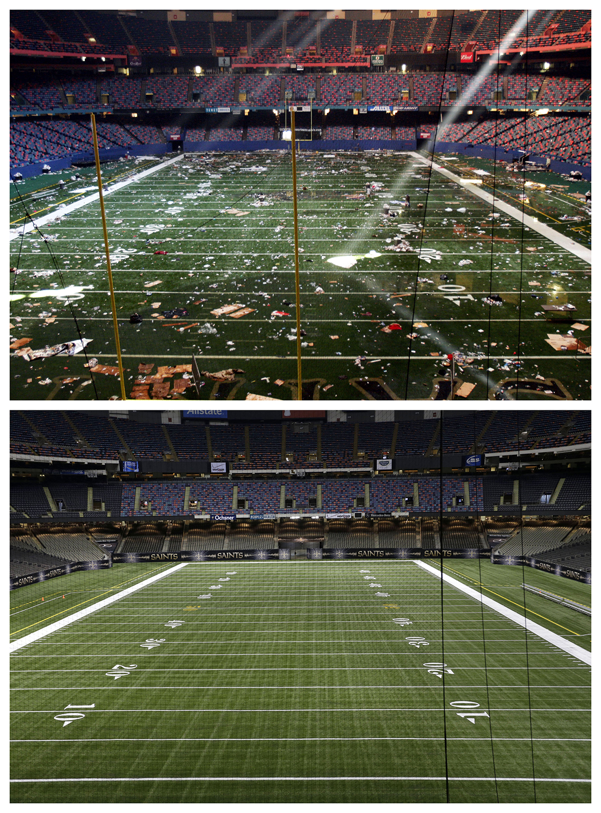 This combination of Sept. 2, 2005, and Aug. 14, 2015, photos shows the playing field of the Louisiana Superdome in New Orleans littered with debris after serving as a shelter for victims from Hurricane Katrina, and a decade later, the renamed Mercedes-Benz Superdome. (Bill Haber, Gerald Herbert / Associated Press)