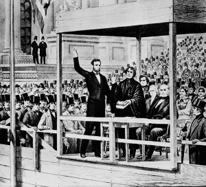 Abraham Lincoln takes the oath of office as the 16th president of the United States administered by Chief Justice Roger B. Taney in front of the U.S. Capitol in Washington, D.C., on March 4, 1861.   (AP Photo)