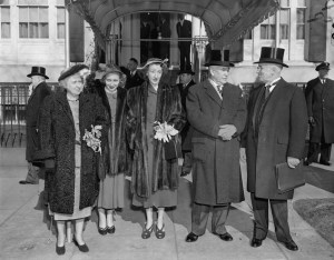 Leaving Blair House for inauguration oath-taking at the Capitol, January 20, 1949, are left to right: Mrs. Truman; Margaret, daughter of the President; Mrs. Max Truitt, daughter of Vice-President Barkley; Vice-President Alben Barkley, and President Truman. (AP Photo/stf)