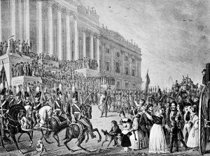 This is an artist's impression of President William Henry Harrison's inauguration in Washington, D.C., on March 4, 1841. Harrison declined the offer of a closed carriage and rode on horseback to the Capitol, braving cold temperatures and a northeast wind. After speaking for more than an hour, he returned to the White House on horseback, catching a chill that eventually turned to pneumonia. He died a month later. (AP Photo)