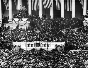 This general view shows the second inauguration of President Woodrow Wilson as he delivers his inaugural address on the East Portico of the Capitol building in Washington, D.C., on March 5, 1917. (AP Photo)