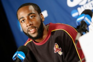 Arizona State's James Harden talks to the media during a news conference in Miami, Saturday, March 21, 2009, as his team prepare for a second-round of NCAA basketball tournament game. (AP Photo/J Pat Carter)