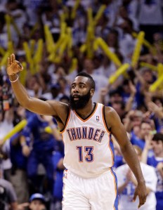 Oklahoma City Thunder guard James Harden gestures during the second half against the San Antonio Spurs in Game 4 of the NBA basketball playoffs Western Conference finals, Saturday, June 2, 2012, in Oklahoma City. The Thunder won 109-103. (AP Photo/Eric Gay)