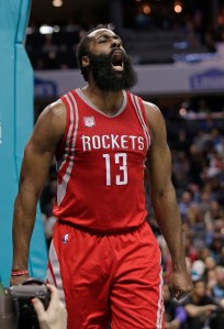 Houston Rockets' James Harden reacts after being fouled during the second half of the team's NBA basketball game against the Charlotte Hornets in Charlotte, N.C., Thursday, Feb. 9, 2017. The Rockets won 107-95. (AP Photo/Chuck Burton)