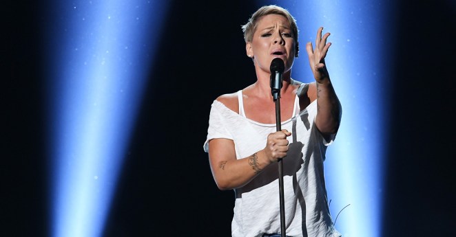 Pink performs at 60th annual Grammy Awards