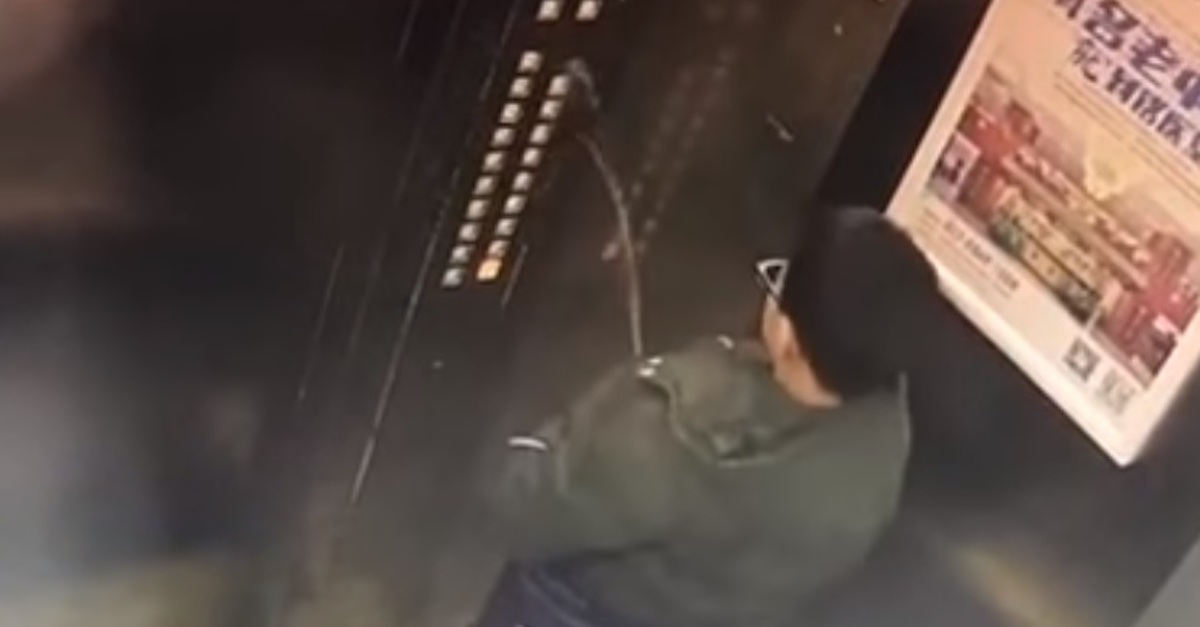 Chinese boy pees in elevator