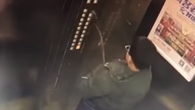 Chinese boy pees in elevator