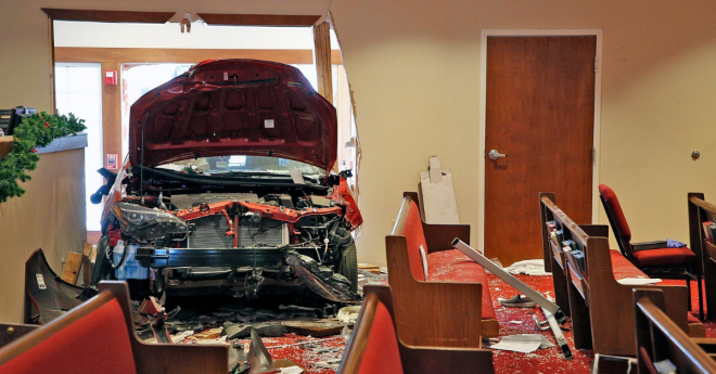 Car Crash Church Window