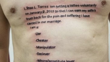 Husband Caught Cheating Gets HUGE Embarrassing Chest Tattoo To Win Wife Back
