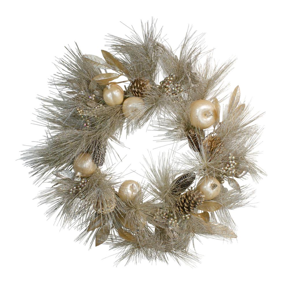 24 in. Unlit Glitter Champagne Gold Pomegranate Apple Pine Cone and Berry Christmas Wreath