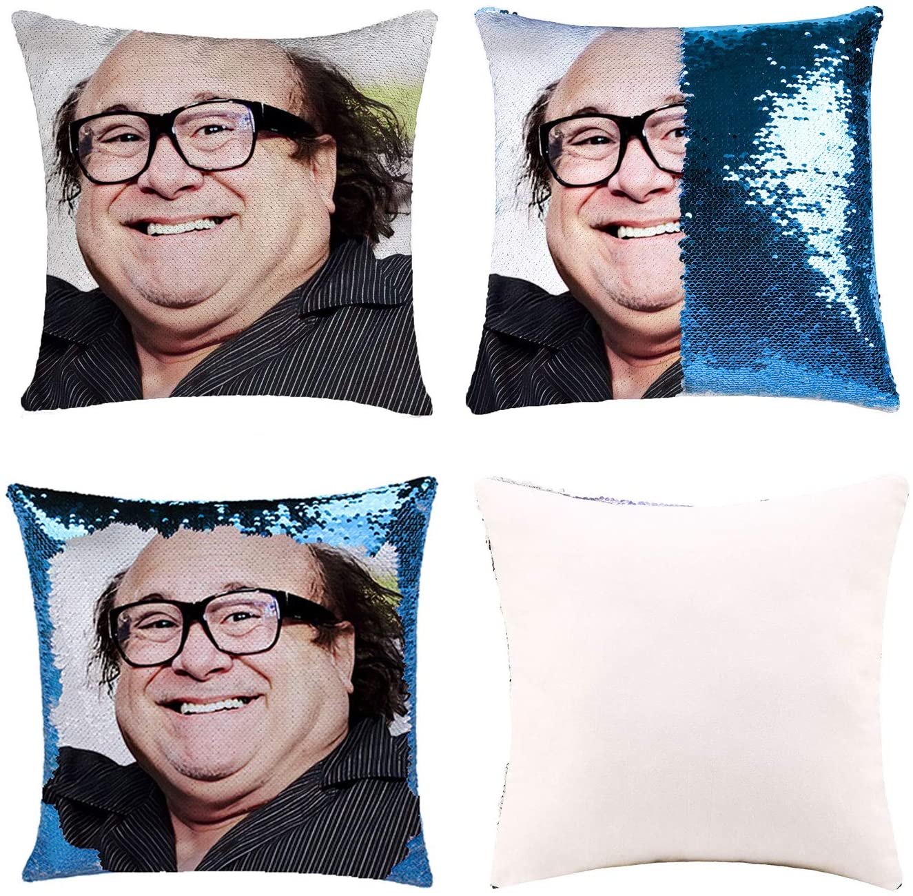 K T One Funny DIY Sequin Pillows Cover Danny Devito Face Magic Reversible Throw Pillow Cover Decorative Change Color Pillowcase 16x16 (Gold) (Danny 3 Blue)