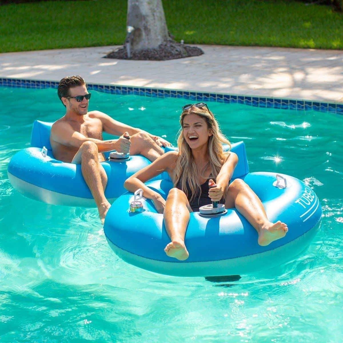 PoolCandy Tube Runner Motorized Water Float, Deluxe Inflatable Swimming Pool or Water Tube, 3-Blade Propeller in Safety Grill, Battery-Powered Motor, Great for Pool, Lake, Adults, Teens, Kids