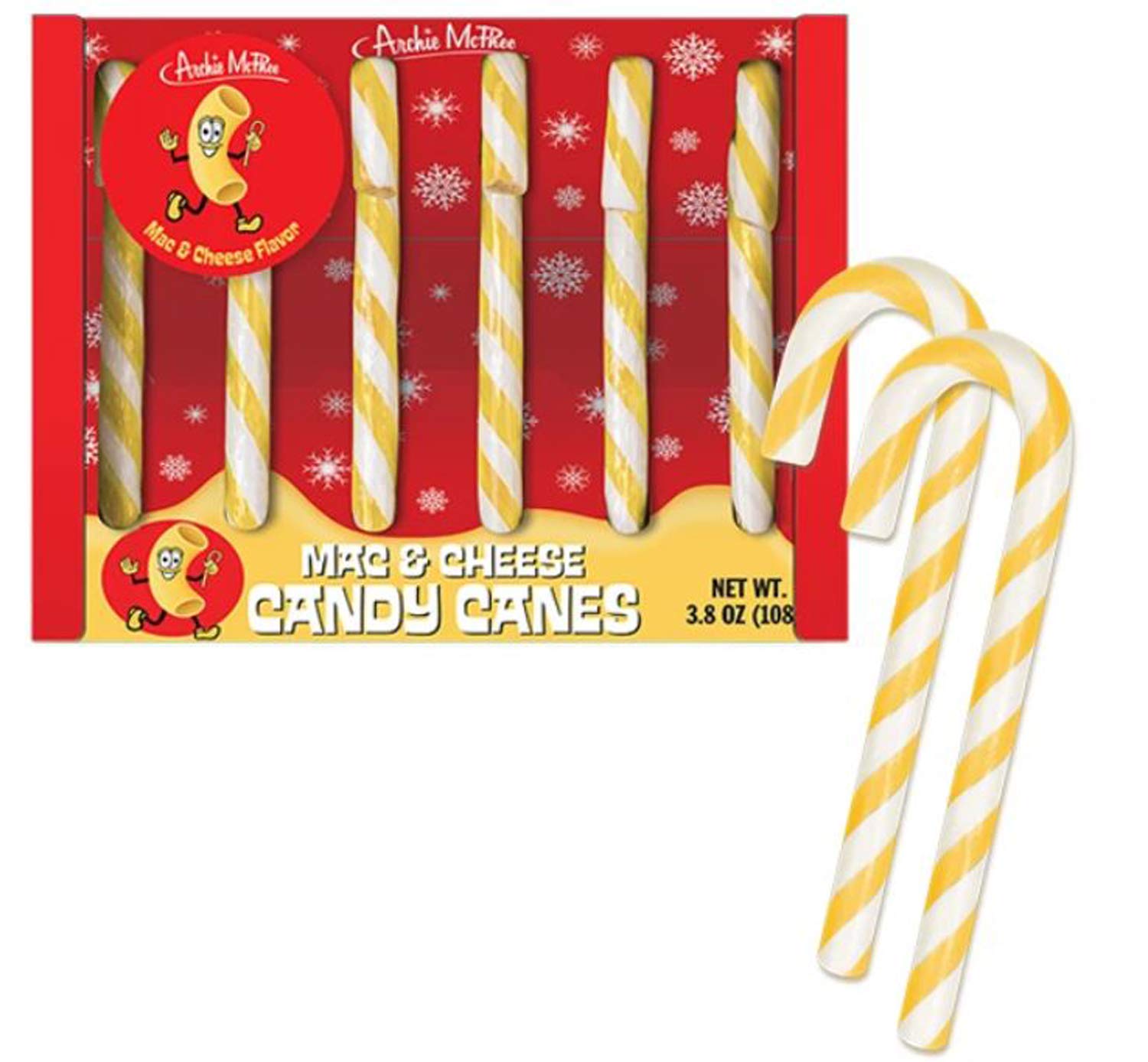 Archie Mcphee Mac And Cheese Candy Canes 3.8 Oz! Six Mac & Cheese Flavored Candy Canes! Yellow And white Stripes Colorful Sweets! Macaroni And Cheese Candies! Choose Your Flavor! (Mac & Cheese)