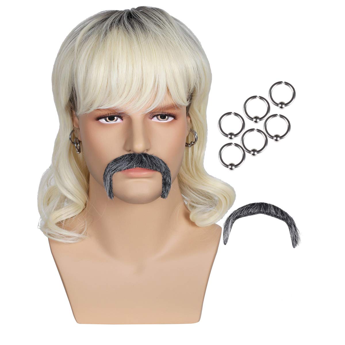 Dark Root Wig with 6 Earrings and Mustache for Men
