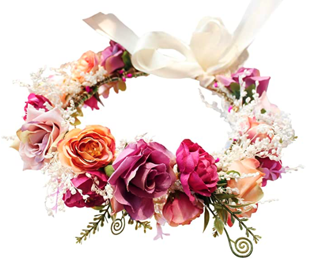 Vivivalue Flower Wreath Headband Floral Hair Garland Flower Crown Halo Headpiece Boho with Ribbon Wedding Party Photos