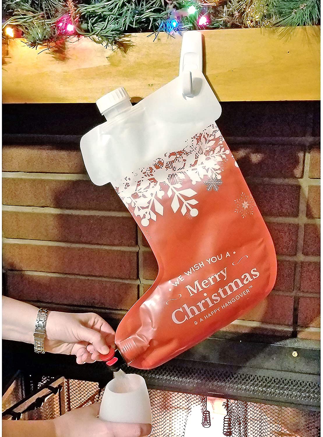 Fairly Odd Novelties Happy Hangover Wine and Spirit Hanging Plastic Christmas Holiday Stocking Flask, 1, Red/White