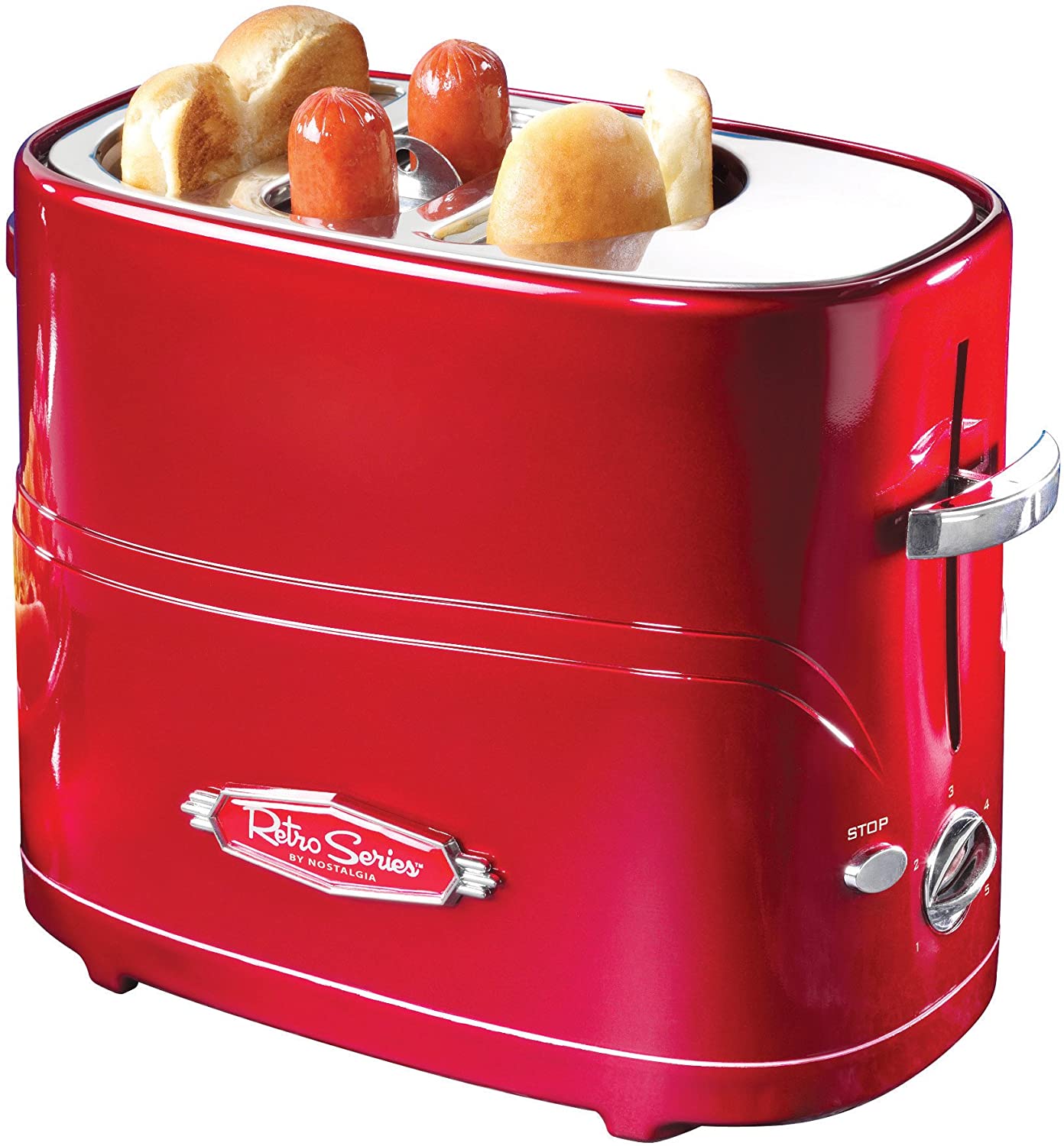Nostalgia HDT600RETRORED Pop-Up 2 Hot Dog and Bun Toaster With Mini Tongs Works with Chicken, Turkey, Veggie Links, Sausages and Brats, Pack of 1, Retro Red