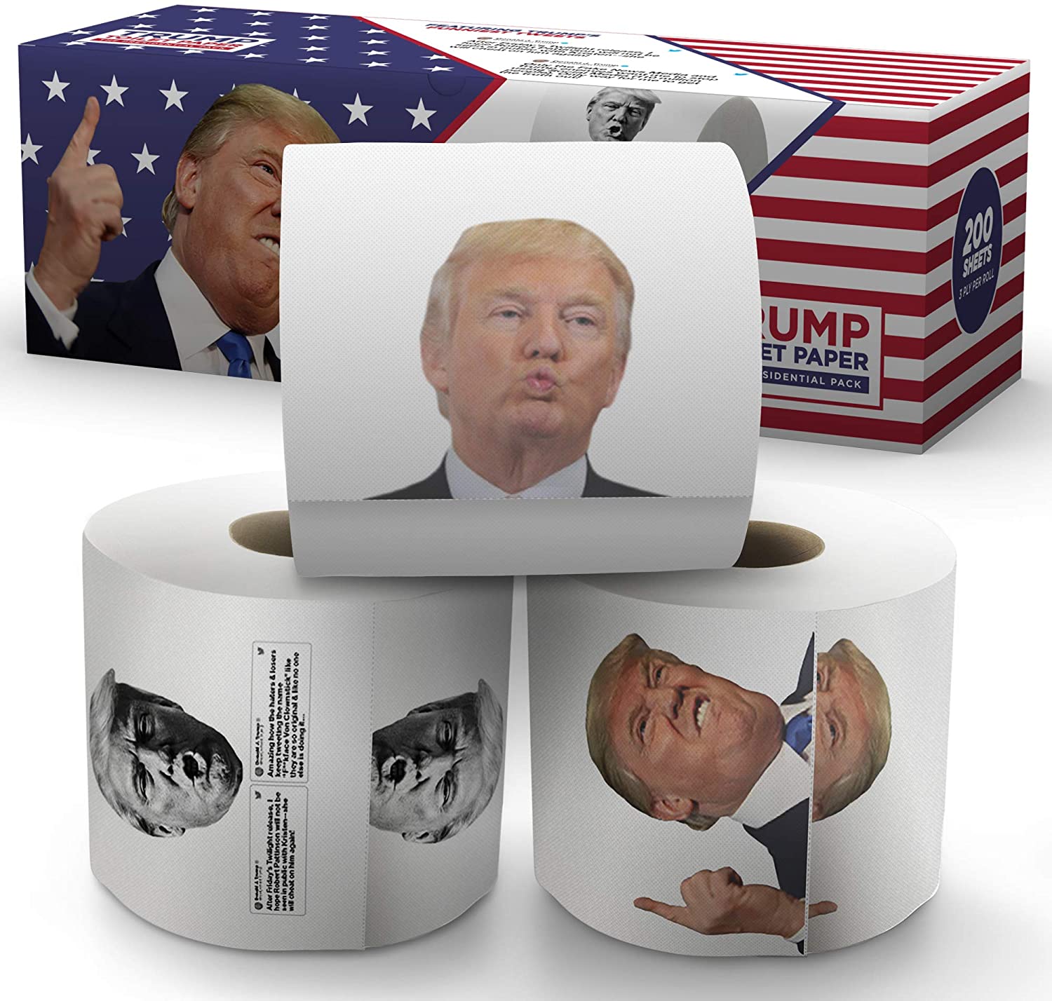 Donald Trump Toilet Paper – The Presidential Pack - 3 Rolls – Funny Political Humor Gag Gift - 2 Full Color Rolls + 1 Trump's Funniest Tweets Roll - Three Ply Bathroom Tissue 200 Sheets Per Roll