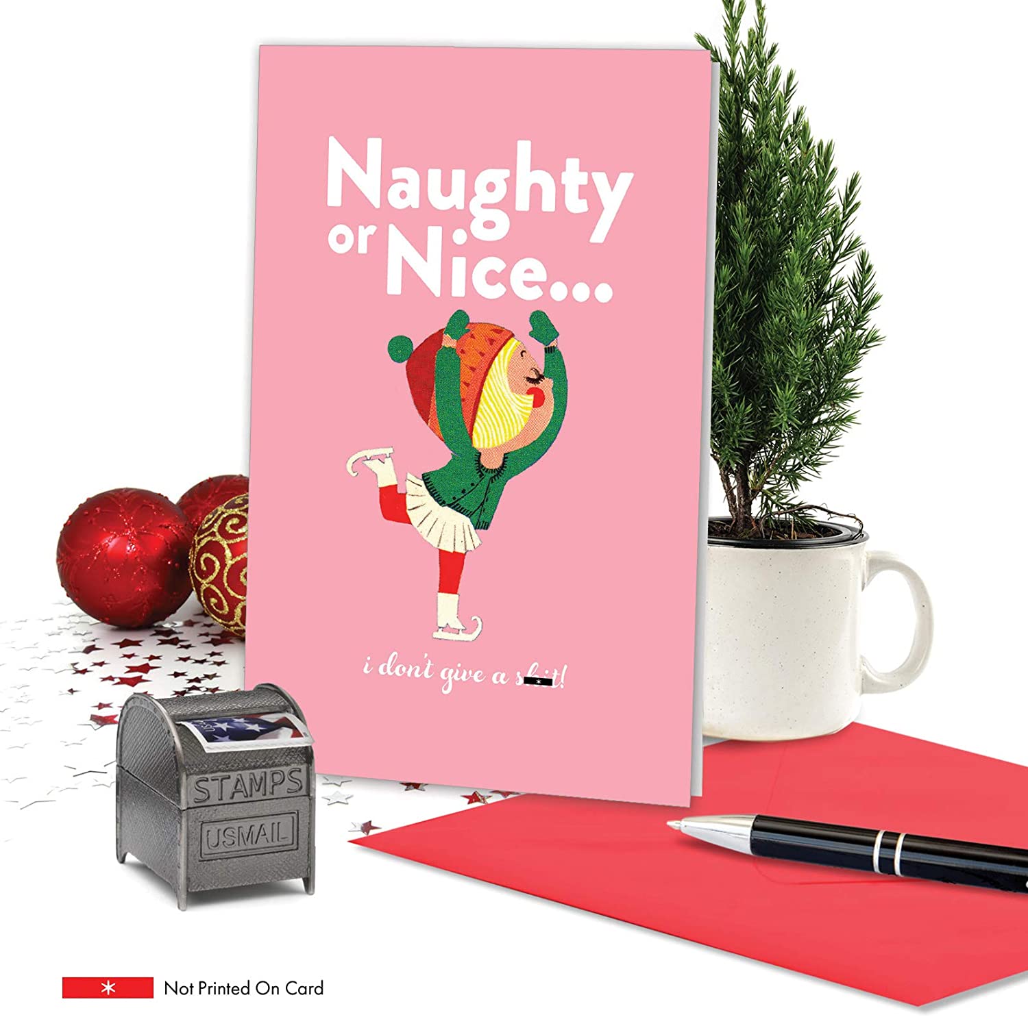 NobleWorks, Naughty or Nice - Adult Christmas Greeting Card with Envelope - Women's Christmas Card, Funny Happy Holidays Notecard C3428XSG