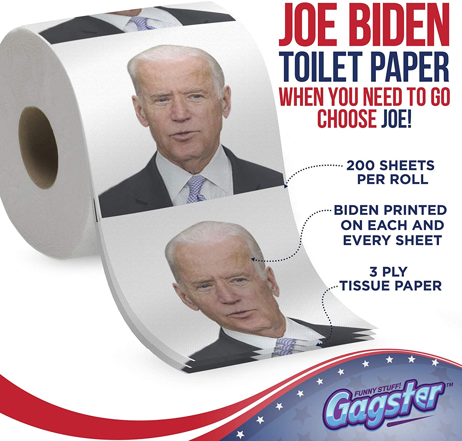 Joe Biden Toilet Paper Roll - Funny Political Novelty Gag Gift - 3 Ply Bathroom Tissue 200 Sheets in Each Roll - Laugh Out Loud Joke with Image Printed on Every Sheet | Hilarious White Elephant Idea