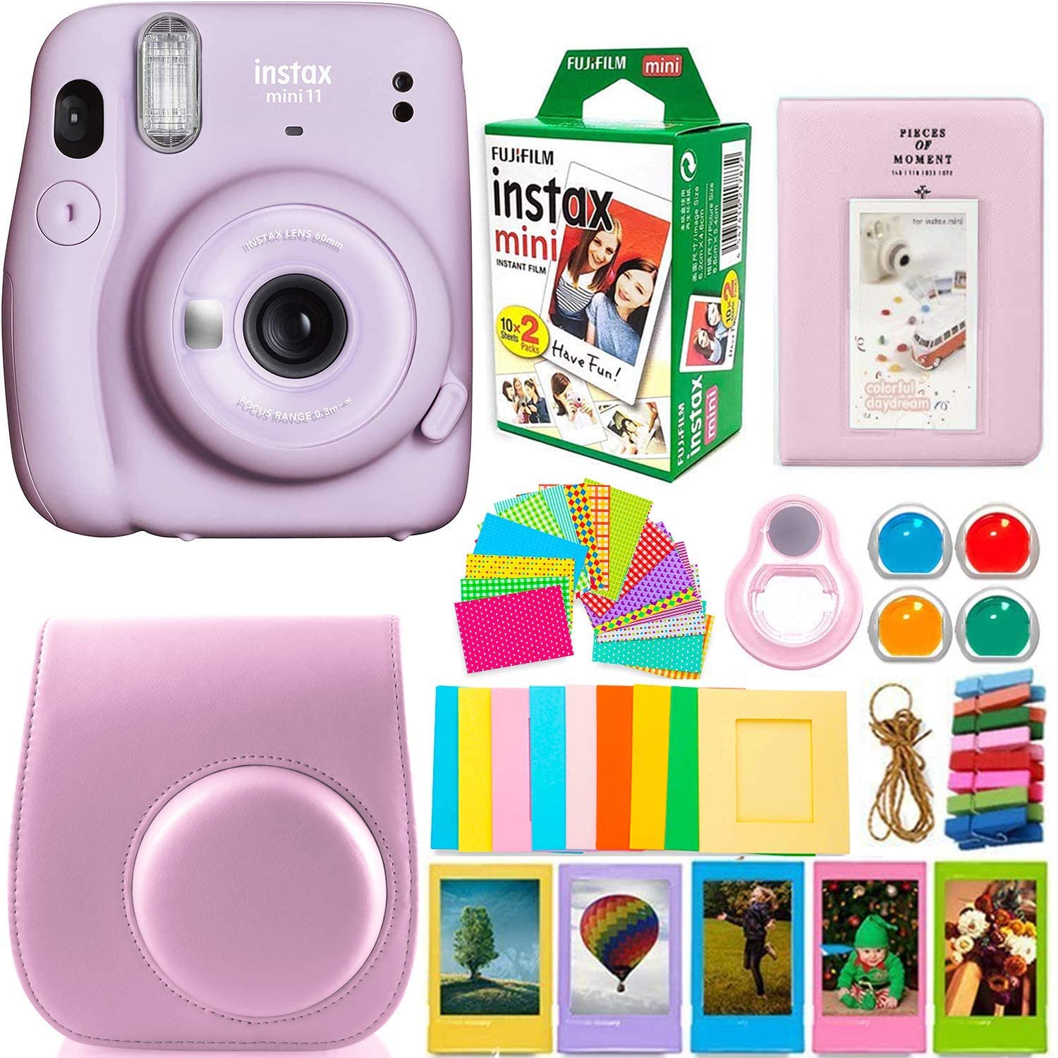 Fujifilm Instax Mini 11 Camera with Instant Film (20 Sheets) & DNO Accessories Bundle Includes Case, Filters, Album, Lens, and More (Lilac Purple)
