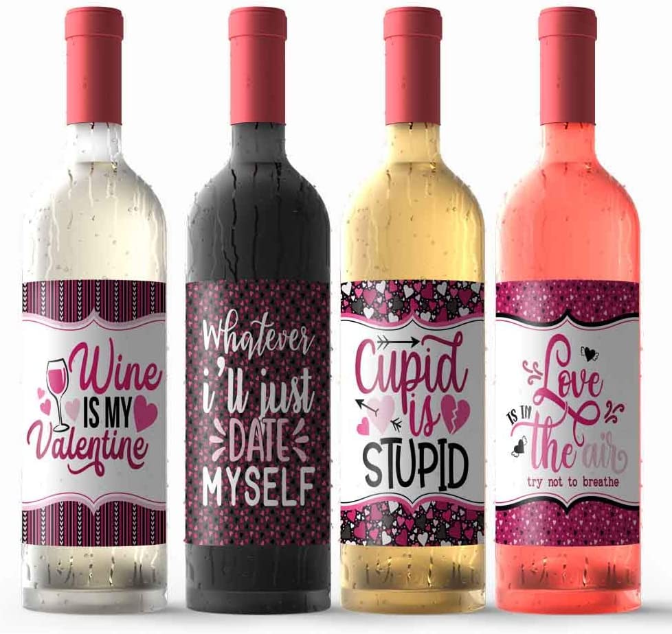 Funny Anti-Valentine's Day Themed Waterproof Wine Bottle Sticker Wrappers, 4 3.75" x 4.75" Wrap Around Labels by AmandaCreation (WINE NOT INCLUDED)