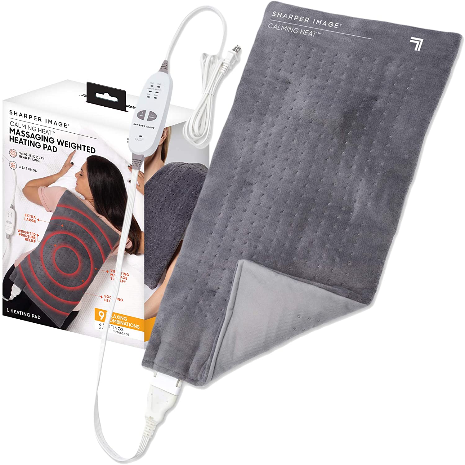 Calming Heat Massaging Weighted Heating Pad by Sharper Image- Weighted Electric Heating Pad with Massaging Vibrations, 6 Settings- 3 Heat, 3 Massage- 9 Relaxing Combinations, 12” x 24”, 4 lbs