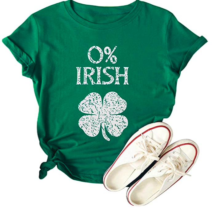  0% Irish St. Patrick's Day Shirts for Women Four-Leaf Clover Printed Short Sleeve Tee Tops