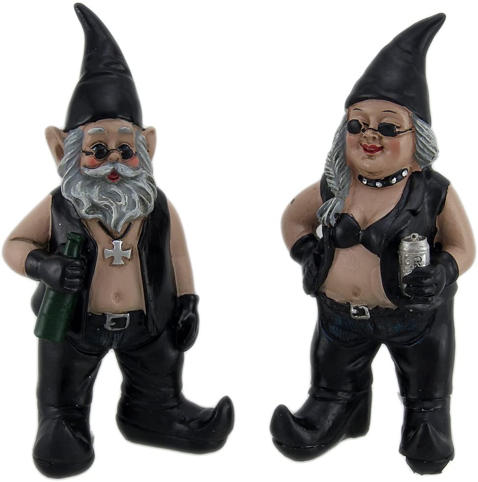Zeckos Gnoschitt and Gnofun Thirsty Biker Gnome Couple Statues Resin 7.5 Inch Yard Garden Gnome Lawn Decor or Desk Shelf Decorations Resin Weather Resistant