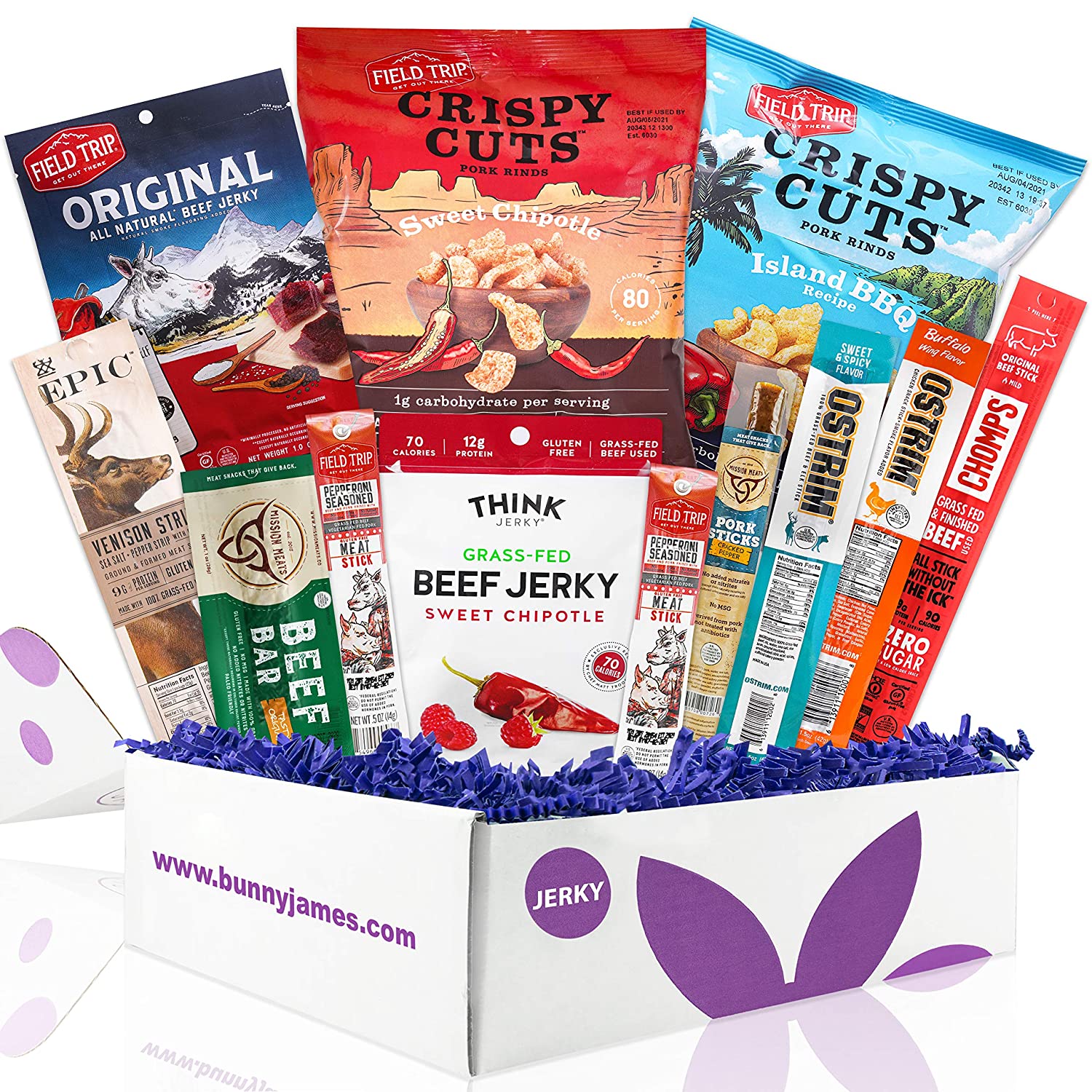 Beef Jerky Gifts For Men: Variety Of Healthy Beef Meat Sticks, Pork Rinds, Exotic Jerky, Epic Bars, Chomps Beef Sticks Perfect Beef Jerky Sampler Gift Box For Men