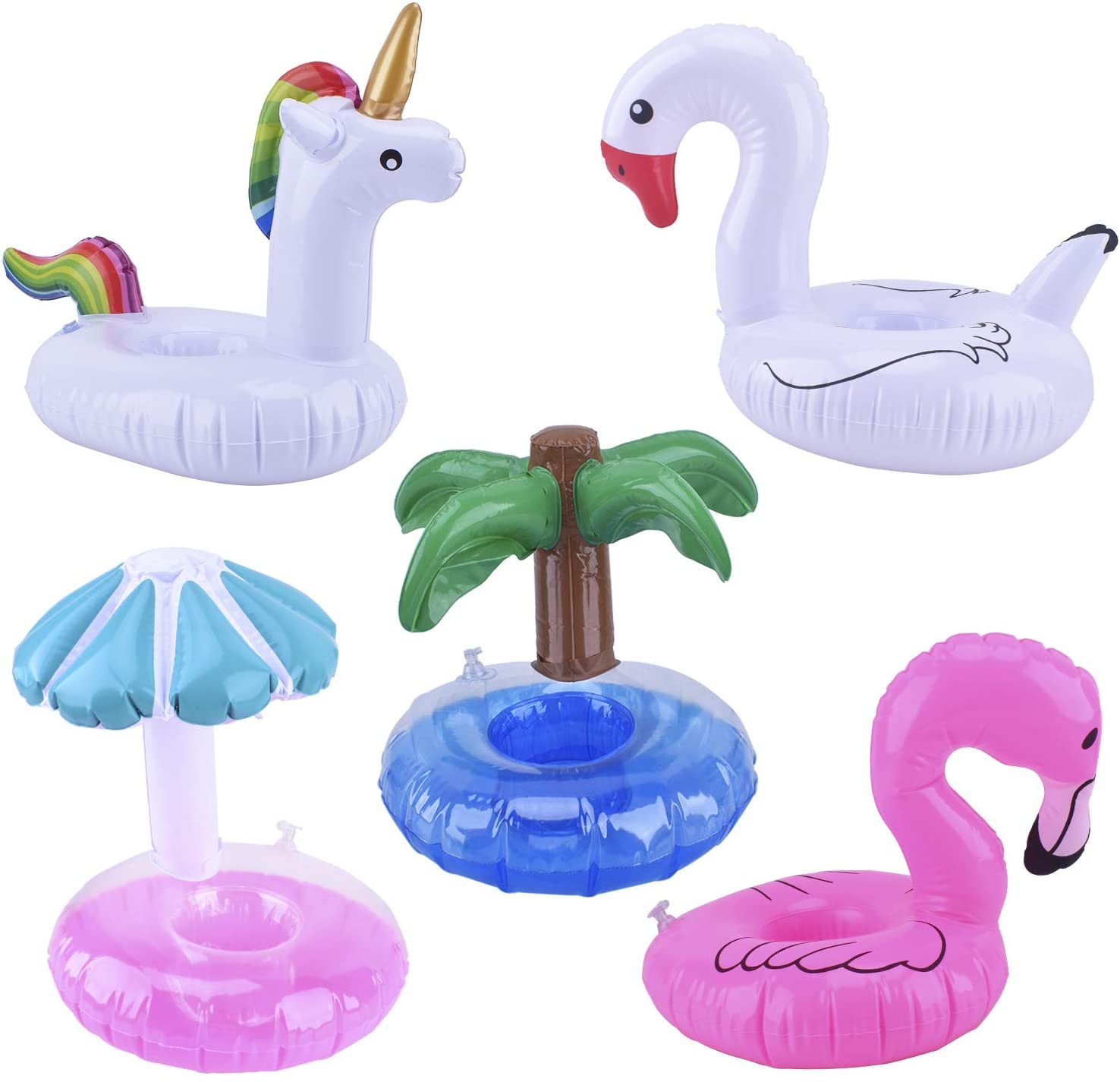 Blovec 5 Pack Inflatable Drink Holders Inflatable Cup Coasters Drink Floats Swimming Drink Holder Unicorn Flamingo Palm Tree Mushroom Swan for Pool Party (Colorful)