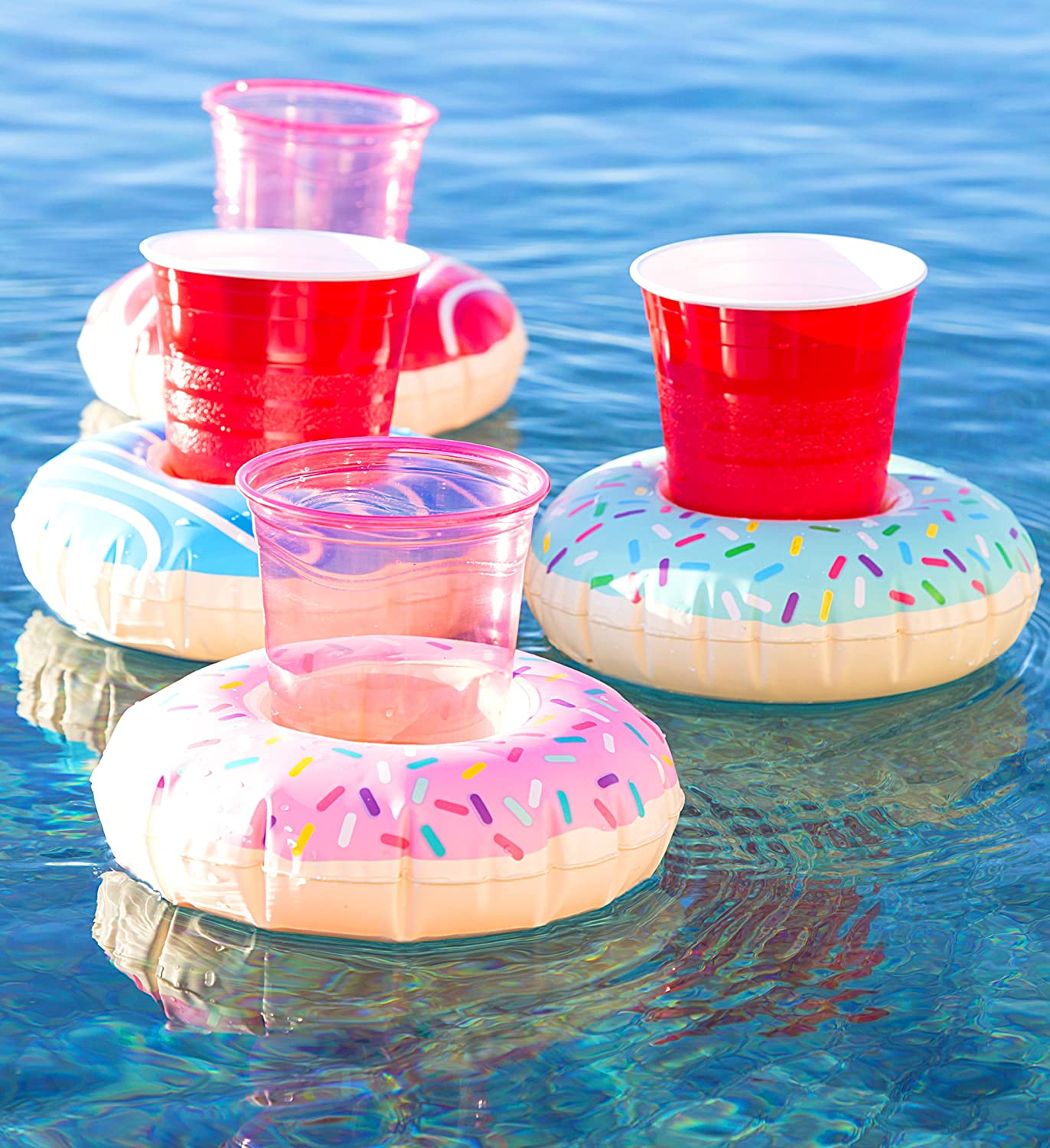 CoTa Global Pool Party – Funny Delectable Frosted Donut Inspired Inflatable Ring Drink Holder - Set of 4 - for The Beach, Pool Party - Heavy Duty - UV...