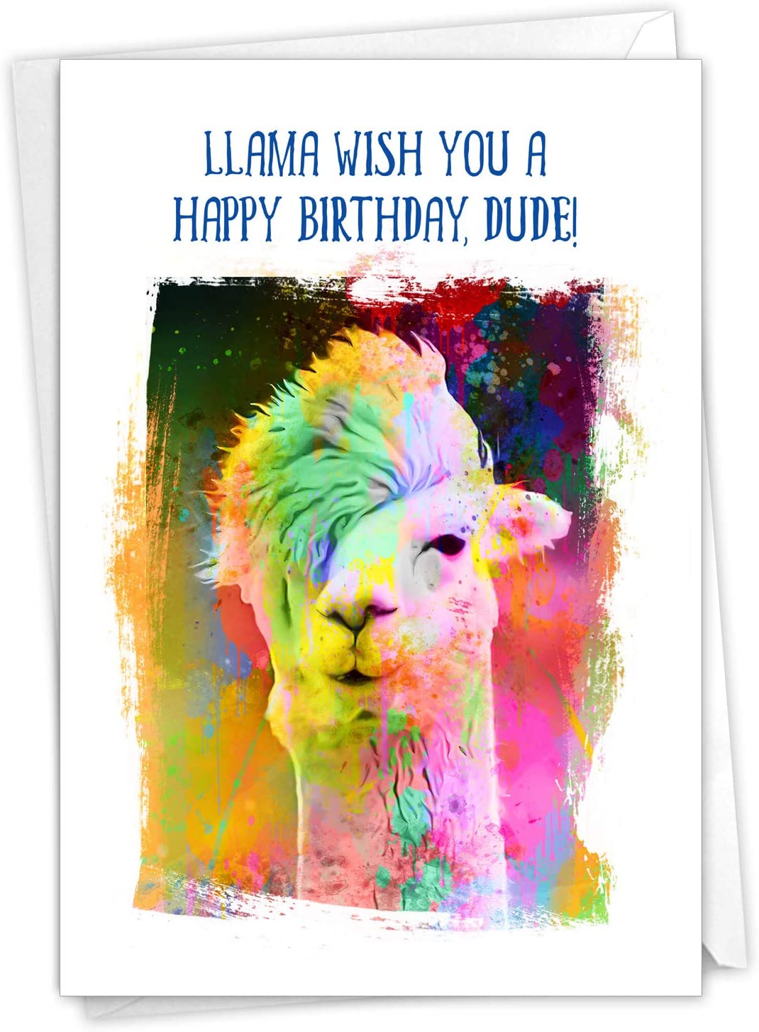 Funky Rainbow Llamas - Watercolor Happy Birthday Greeting Card with Envelope (4.63 x 6.75 Inch) - Colorful Painted Zoo Animal, Cool Bday Note Card for Kids...