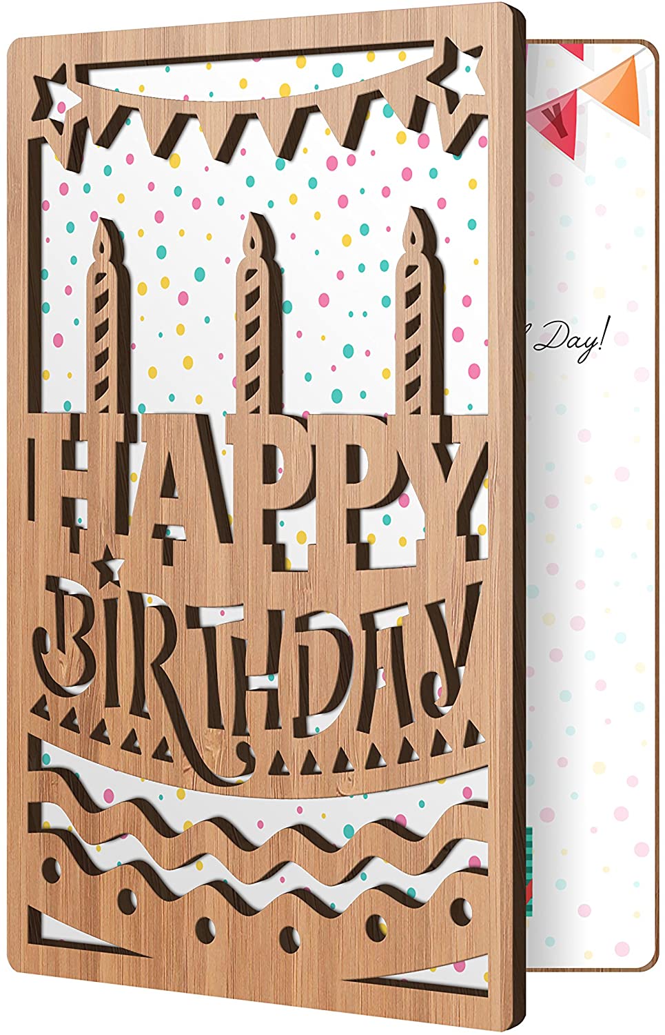 Happy Birthday Card: Bamboo Wood Greeting Card with Happy B Day Cake & Candles Design, Premium Handmade Wooden Card Perfect for Sending Birthday Wishes