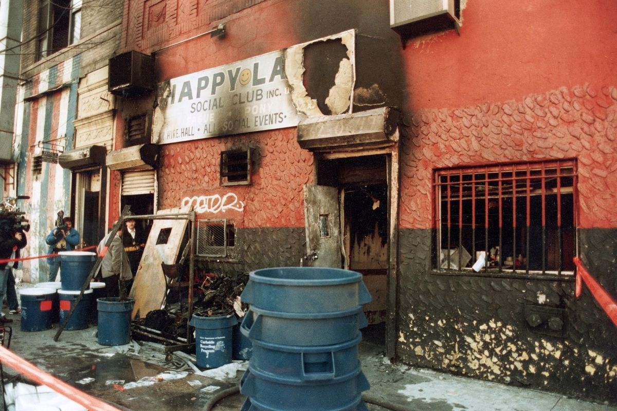 Exterior of Happy Land Social Club after fire