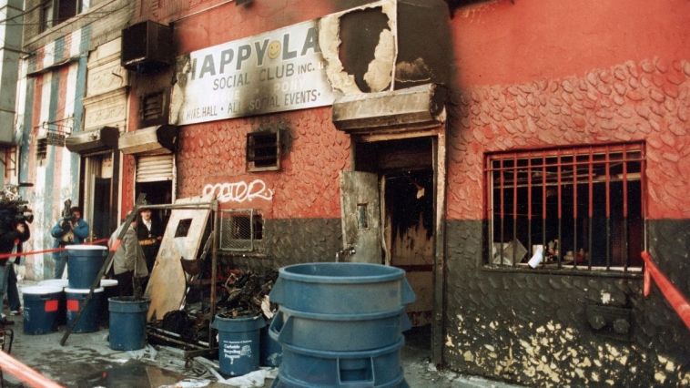 Exterior of Happy Land Social Club after fire