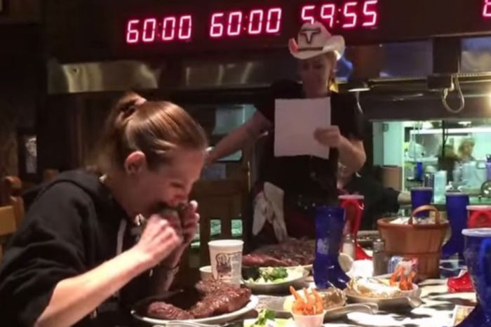 The speed at which this woman eats a 72-ounce steak is insane