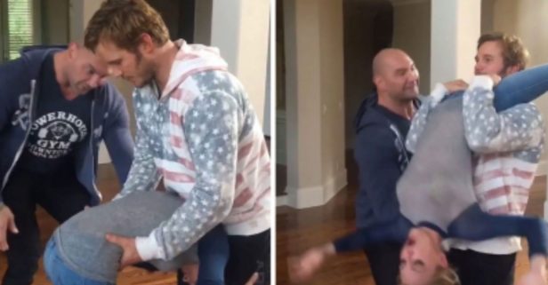 Dave Bautista goes back to his roots and teaches Chris Pratt and Anna Faris this wrestling move