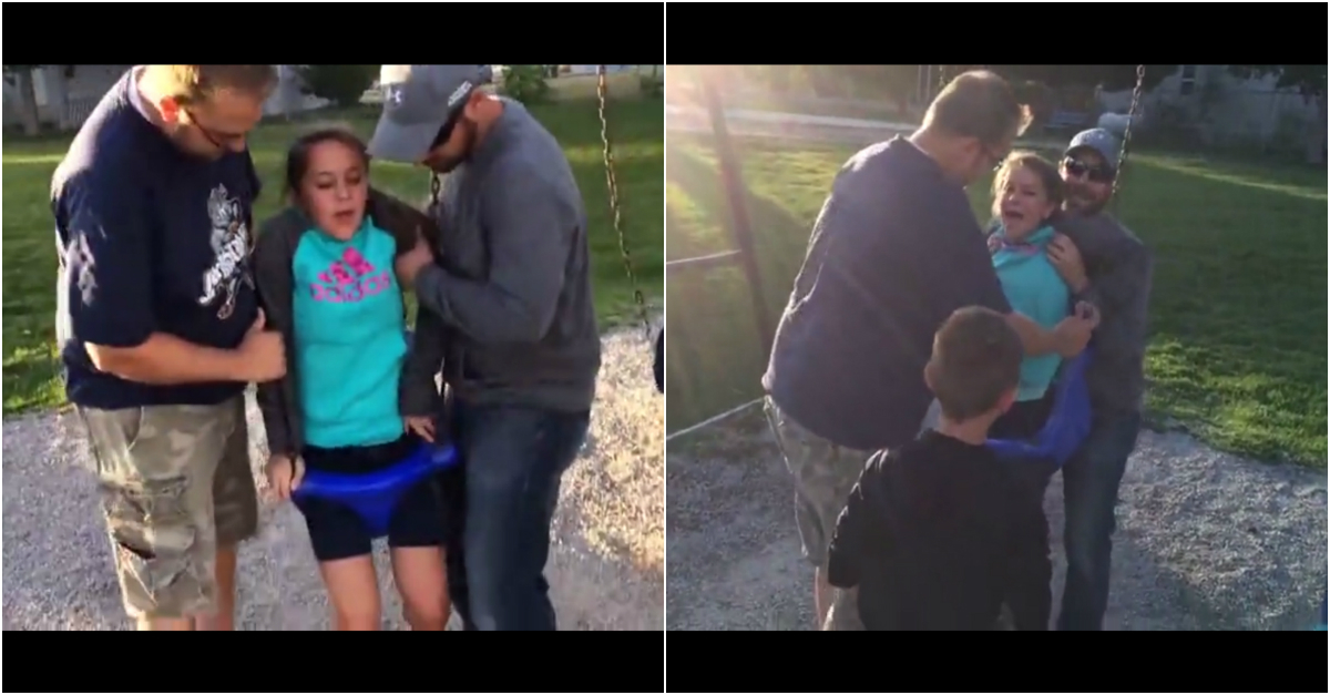 Unlucky tween gets stuck in a swing and lashes out at the person who filmed the whole thing