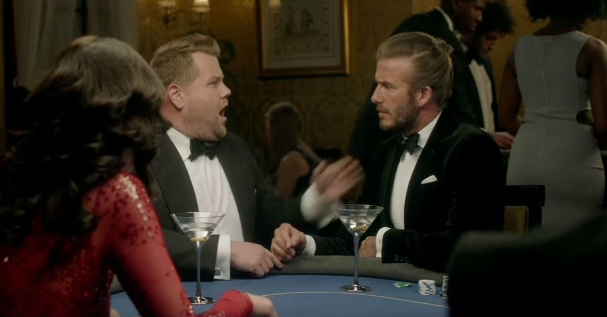James Corden and David Beckham go head-to-head in a James Bond audition, and you can guess who won